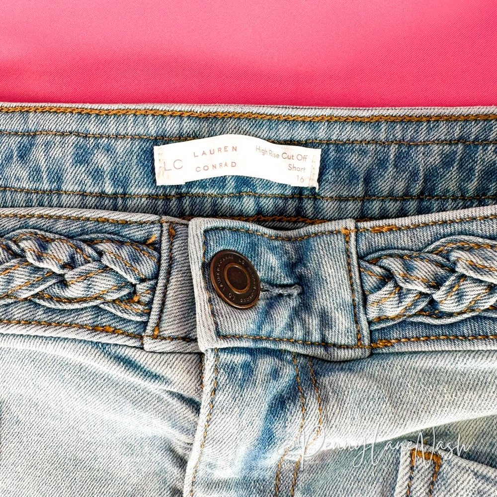 LC Lauren Conrad Crystal Braided High Waist Cut Off Denim Shorts - Picture 6 of 12